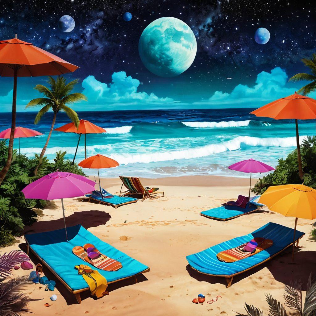 A cosmic beach scene where waves of vibrant colors merge with celestial patterns, featuring fashionable beachwear on otherworldly beings lounging under a starlit sky. Incorporate elements like floating beach umbrellas shaped like planets and surfboards with galactic designs. The atmosphere should blend beach vibes with a sense of space exploration and tranquility. surrealism. vibrant colors. cosmic background.