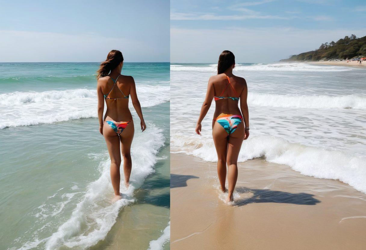 A split image showcasing two contrasting scenes: one side depicting a vibrant beach with people in colorful swimsuits radiating joy and excitement, and the other side a gray, serene beach scene with individuals in muted swimsuits, reflecting introspection and melancholy. The transition between the two scenes should be smooth, capturing the emotional shift. Include elements like dolphins jumping in the sunny side and gentle waves on the gray side. super-realistic. vibrant colors. white background.